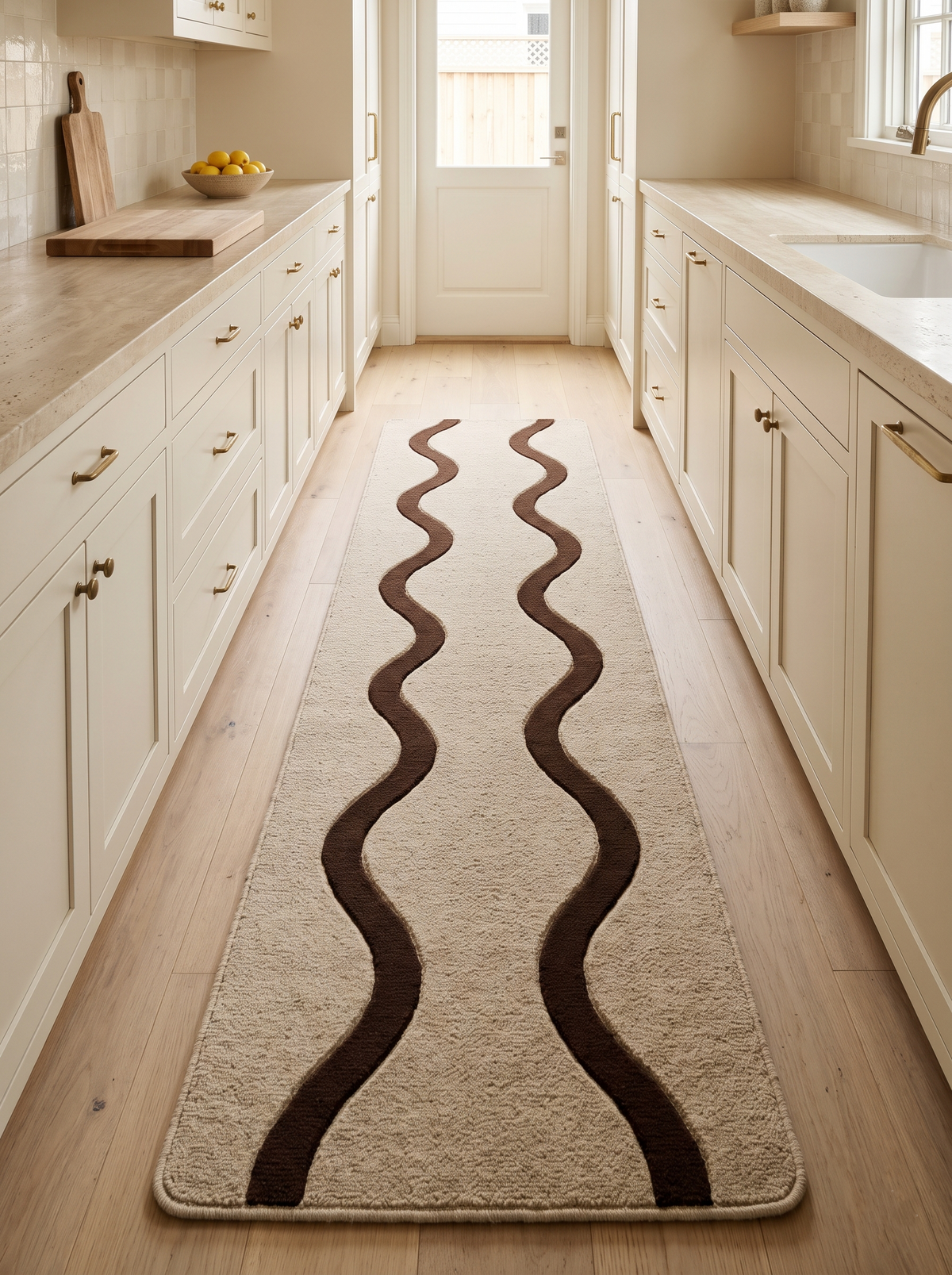 Beige Squiggle Runner Rug with a textured wool field and two dark brown wavy lines, finished with rounded corners