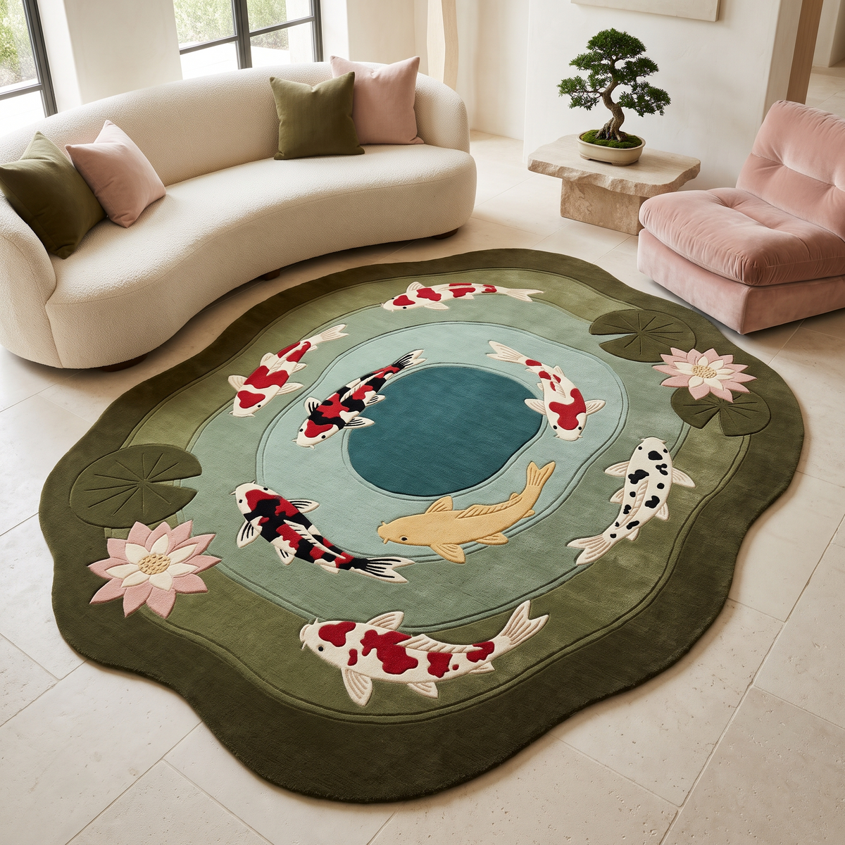 Koi Pond Lotus Rug in olive green wool, with colorful koi, blush lotus flowers, lily pads and an irregular pond shape