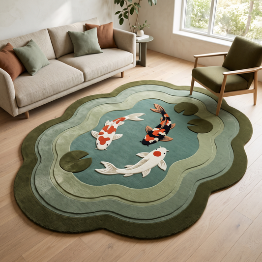 Koi Pond Rug with a cloud-shaped teal wool design, three white, orange and black koi, olive lily pads and sage ripples