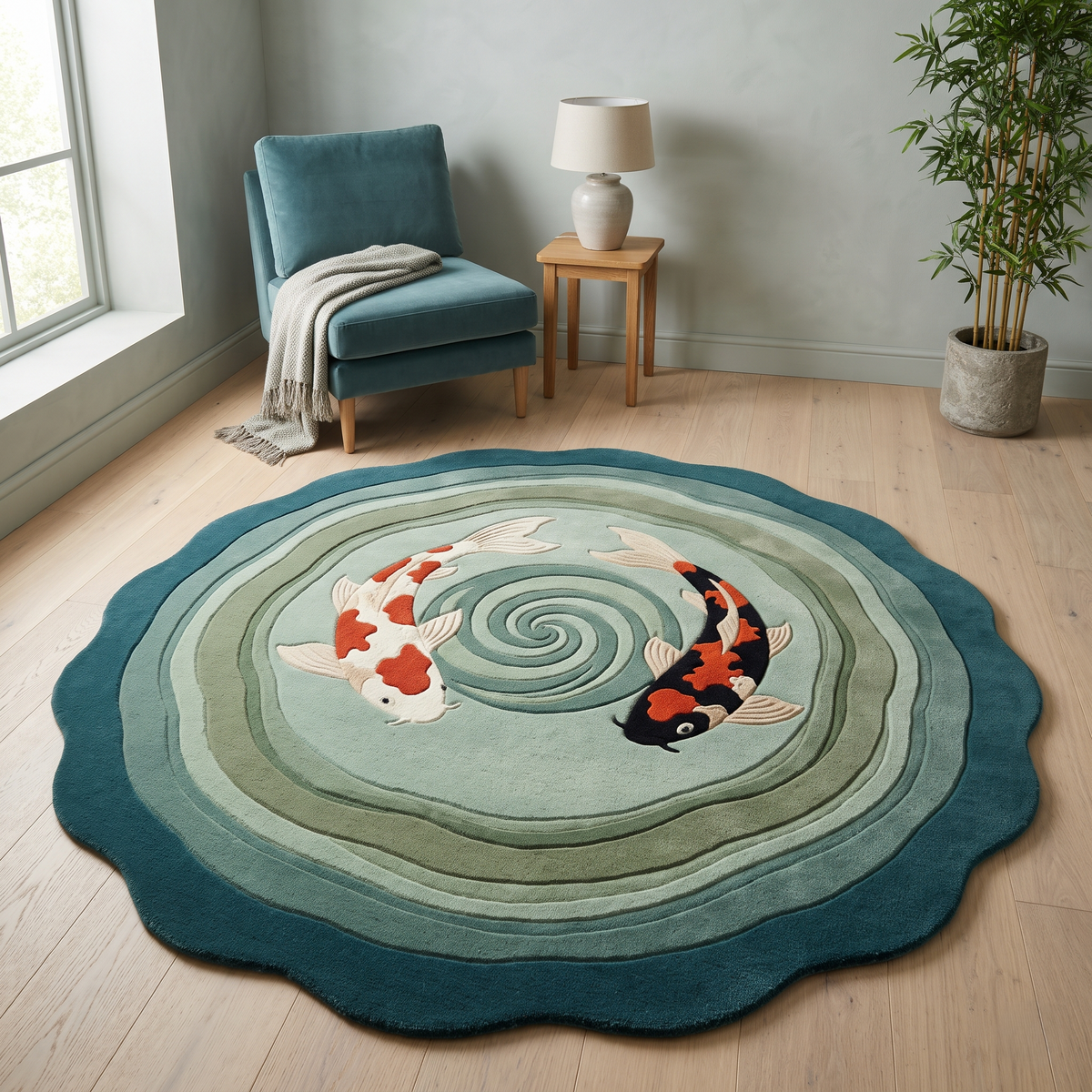 Round Koi Fish Rug in teal, sage and aqua wool, with two white, orange and black koi circling a carved spiral