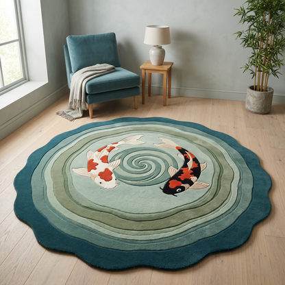 Round Koi Fish Rug in teal, sage and aqua wool, with two white, orange and black koi circling a carved spiral