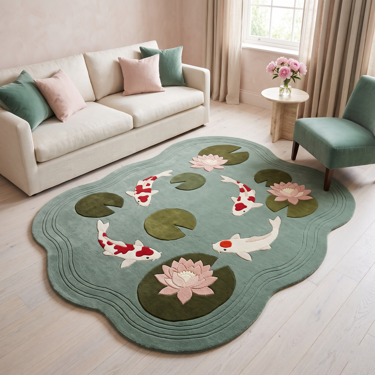 Seafoam Koi Fish Rug in seafoam wool with white and red koi, olive lily pads, blush water lilies and ripple detailing