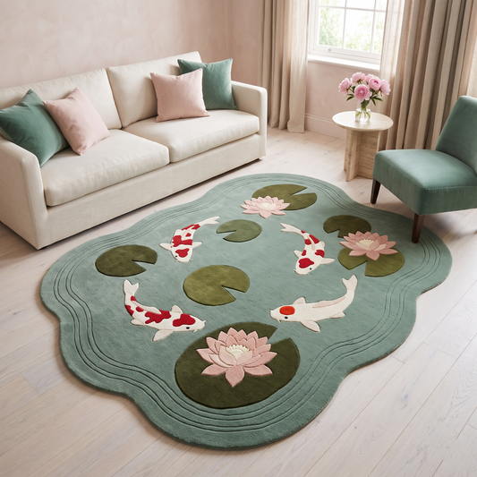 Seafoam Koi Fish Rug in seafoam wool with white and red koi, olive lily pads, blush water lilies and ripple detailing