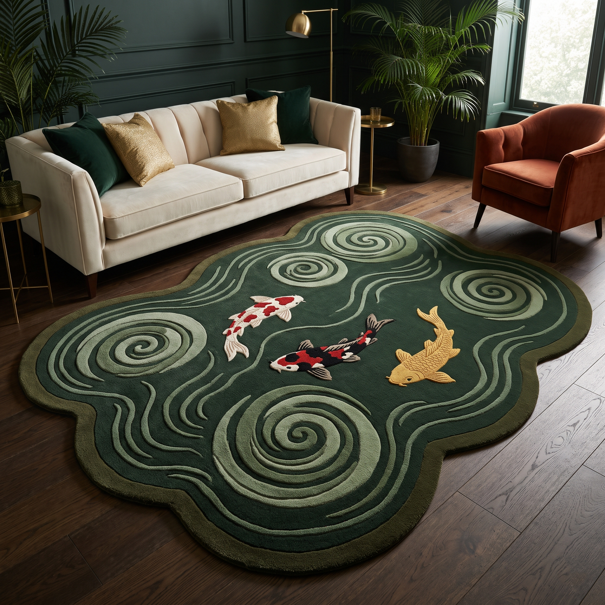 Dark Green Koi Fish Rug in hand-tufted wool with three carved koi in red, white, black and gold swimming among sage green swirling water spirals on a forest green cloud shape