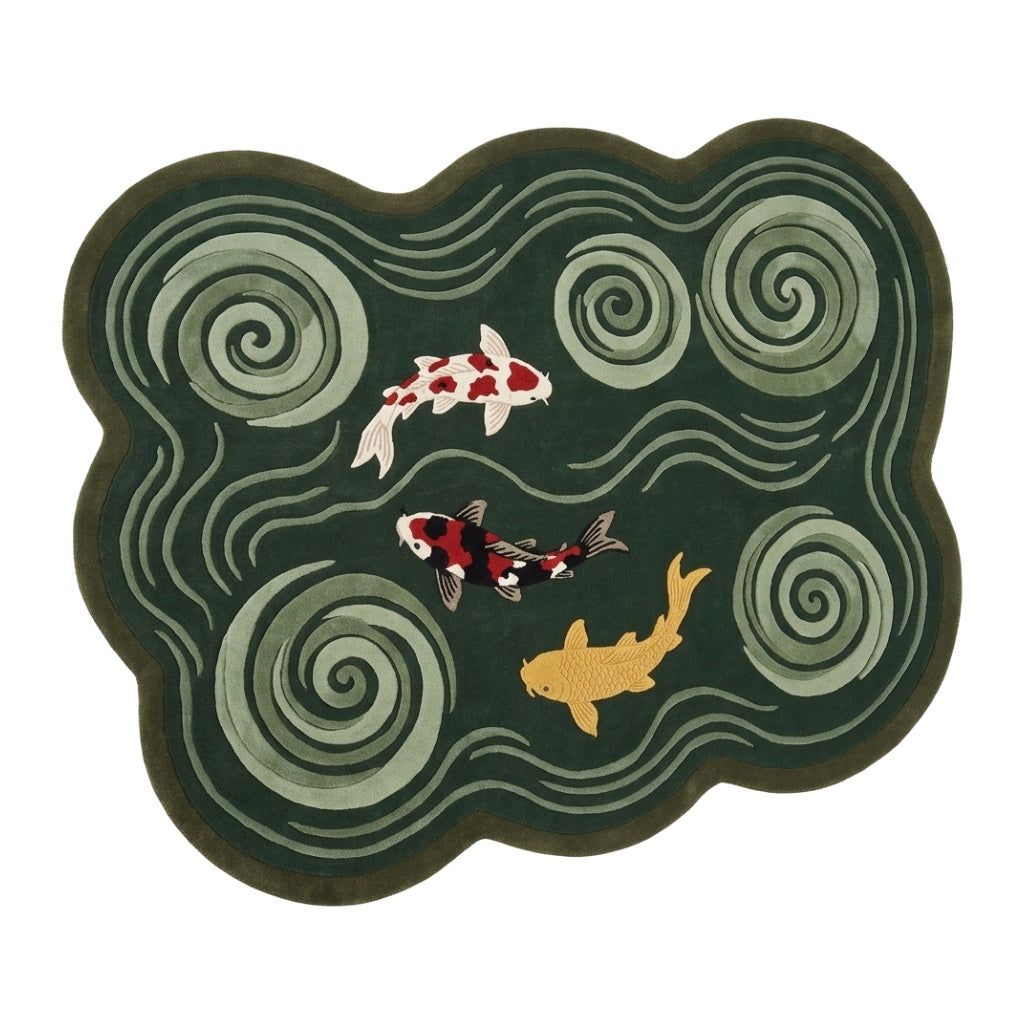 Dark Green Koi Fish Rug in hand-tufted wool with three carved koi in red, white, black and gold swimming among sage green swirling water spirals on a forest green cloud shape - view 2