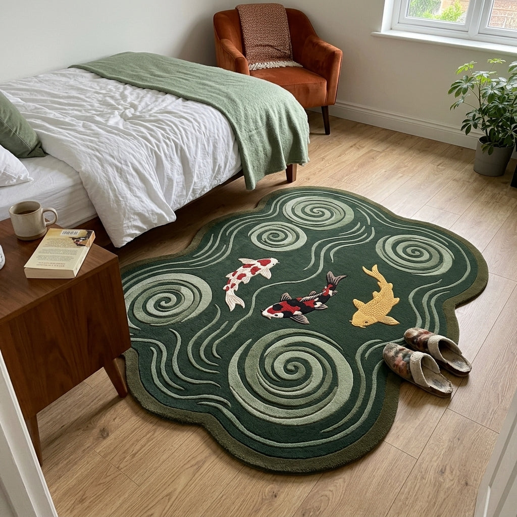 Dark Green Koi Fish Rug in hand-tufted wool with three carved koi in red, white, black and gold swimming among sage green swirling water spirals on a forest green cloud shape - view 3