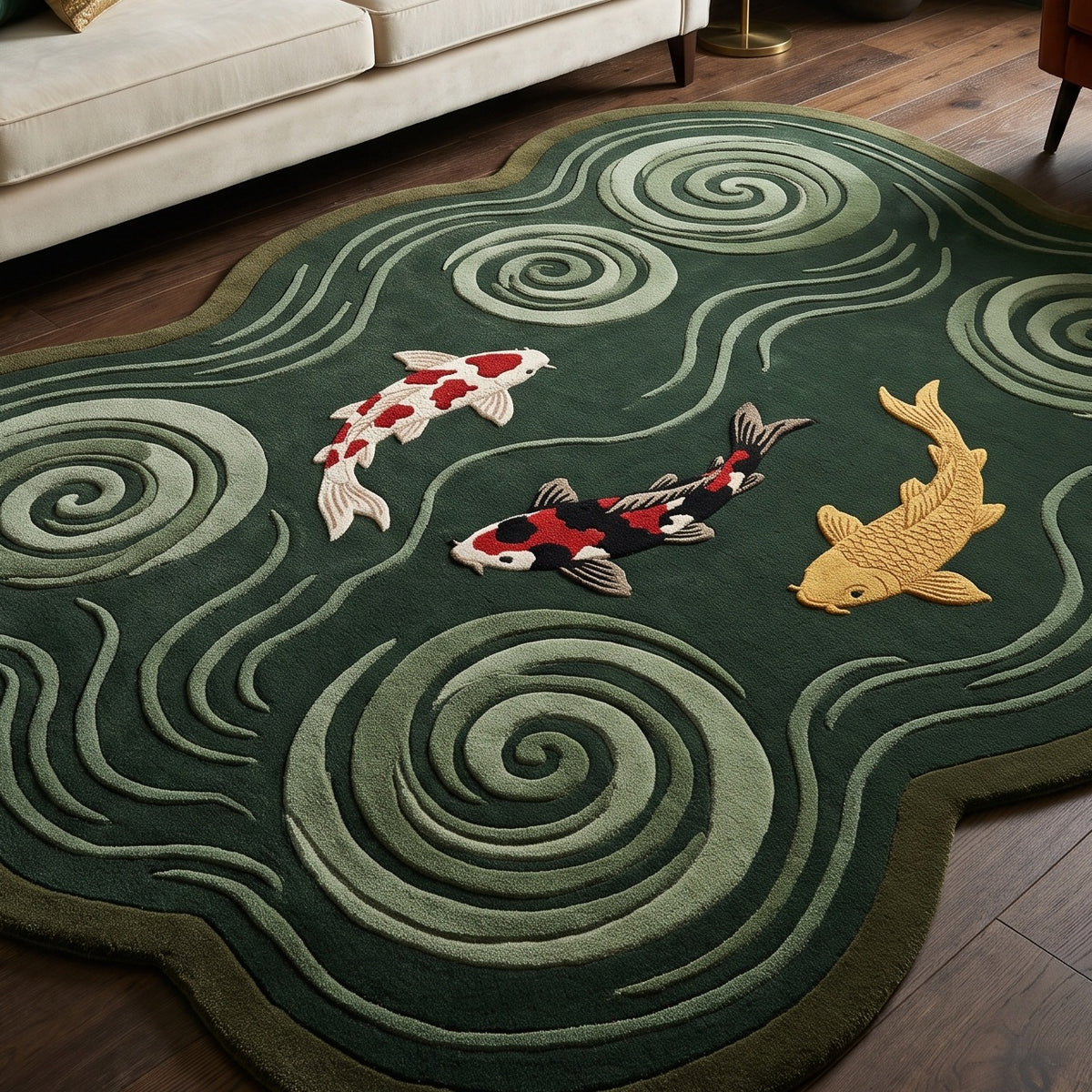 Dark Green Koi Fish Rug in hand-tufted wool with three carved koi in red, white, black and gold swimming among sage green swirling water spirals on a forest green cloud shape - view 5
