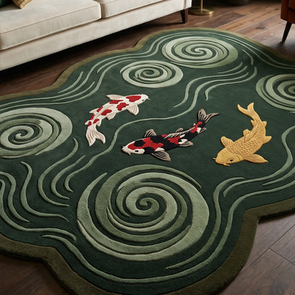 Dark Green Koi Fish Rug in hand-tufted wool with three carved koi in red, white, black and gold swimming among sage green swirling water spirals on a forest green cloud shape - view 5