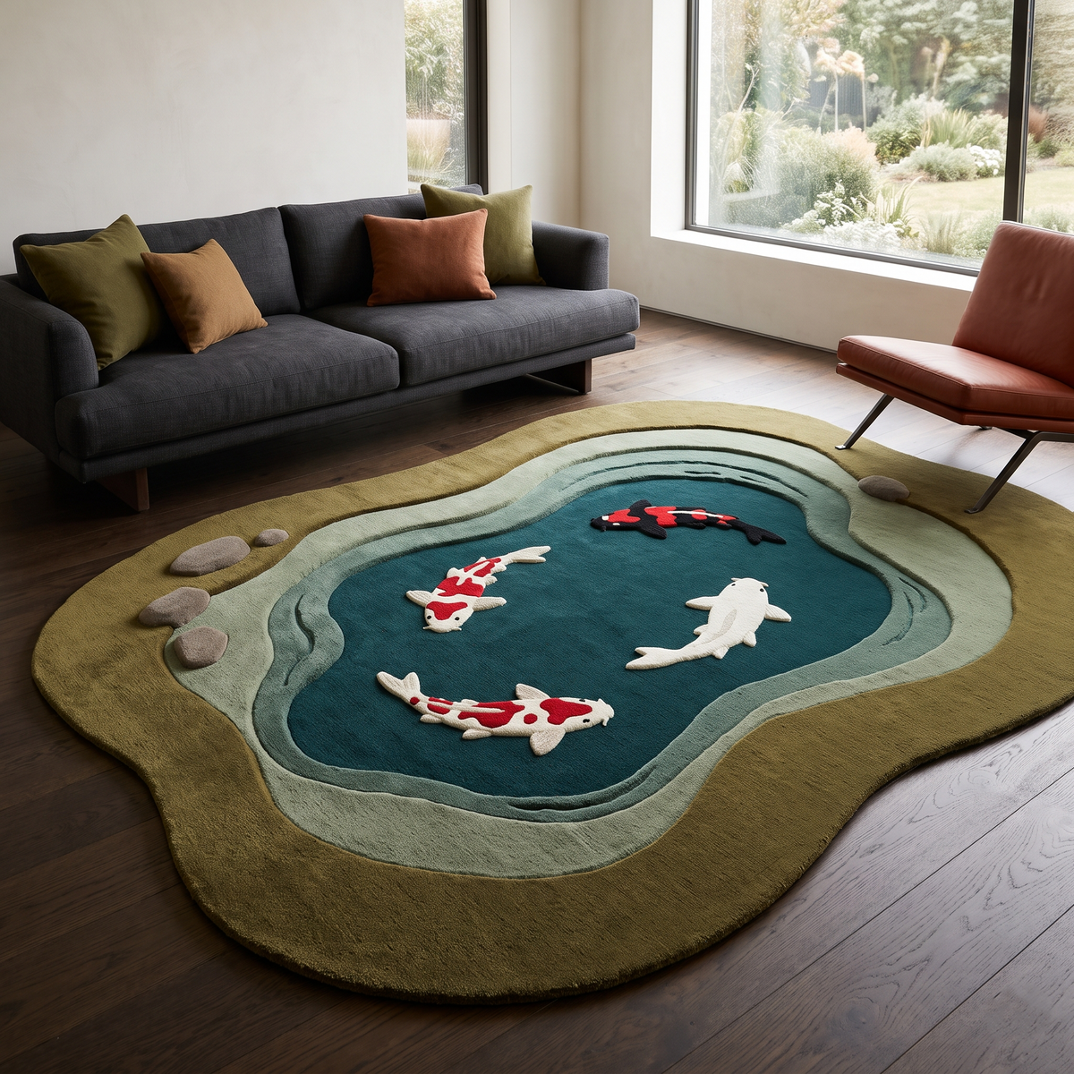 Koi Fish Garden Pond Rug with an irregular olive and sage shoreline, deep teal pool, carved stones and red, white and black koi