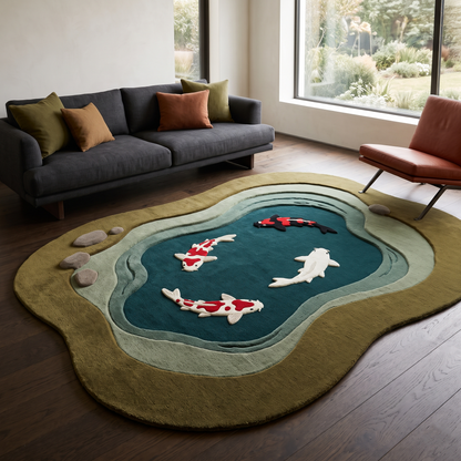 Koi Fish Garden Pond Rug with an irregular olive and sage shoreline, deep teal pool, carved stones and red, white and black koi