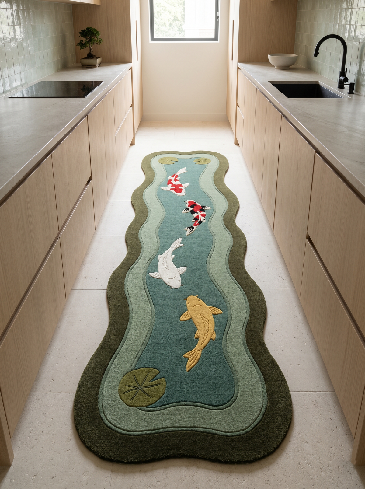 Koi Fish Runner Rug in hand-tufted wool with four carved koi in red, white, black and gold swimming down a teal pond, with lily pads, sage ripple bands and an olive wavy edge