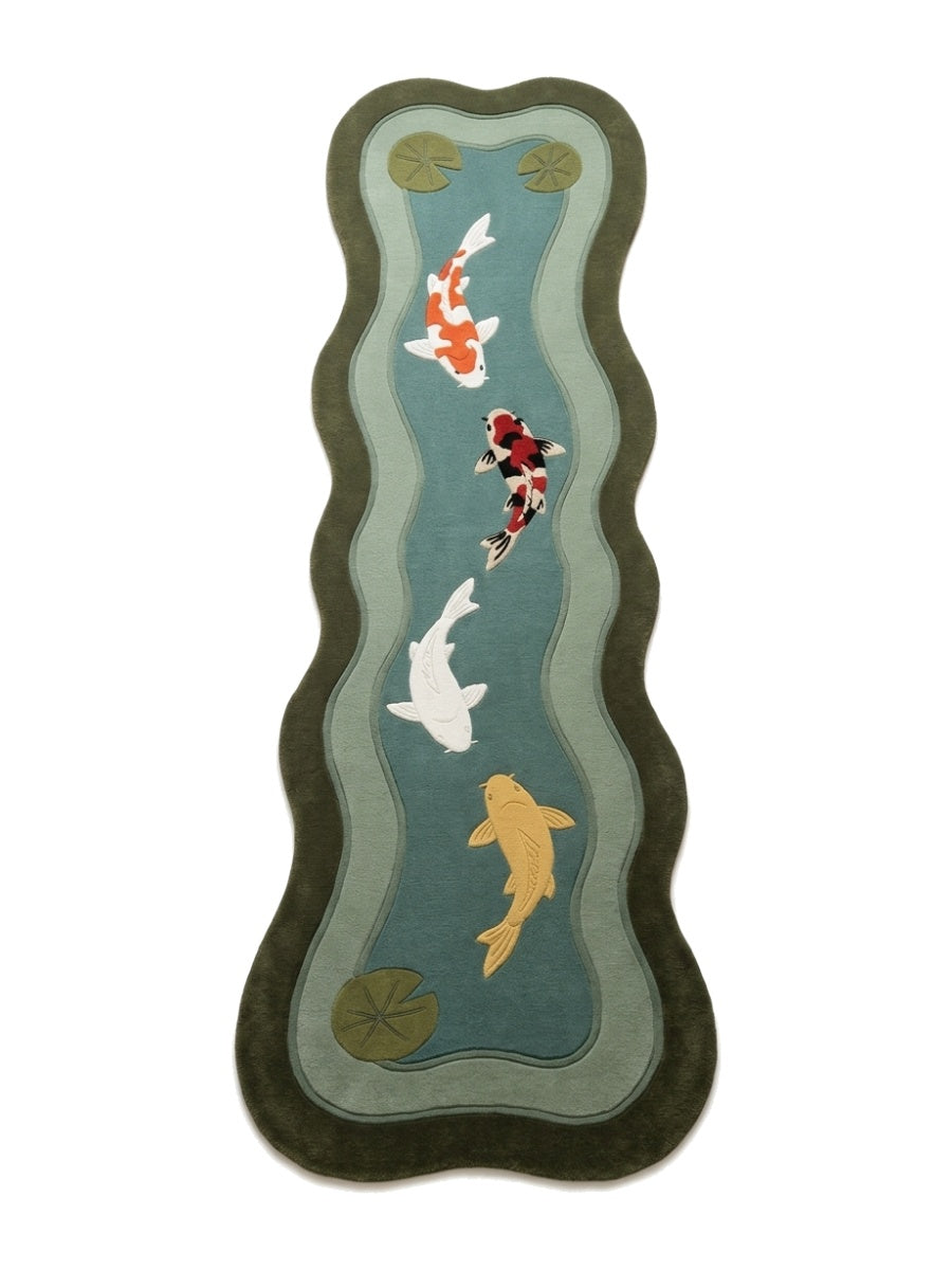 Koi Fish Runner Rug in hand-tufted wool with four carved koi in red, white, black and gold swimming down a teal pond, with lily pads, sage ripple bands and an olive wavy edge - view 2