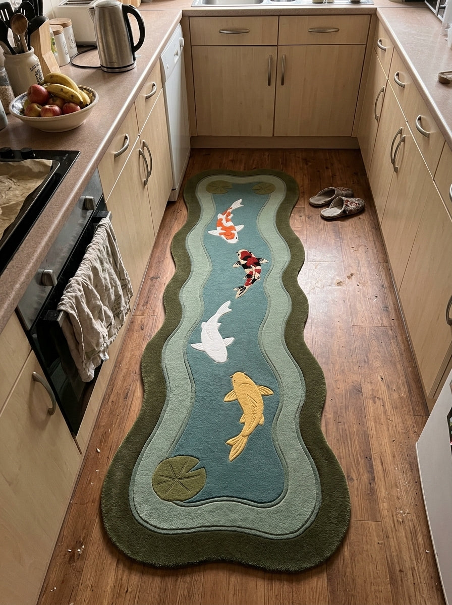 Koi Fish Runner Rug in hand-tufted wool with four carved koi in red, white, black and gold swimming down a teal pond, with lily pads, sage ripple bands and an olive wavy edge - view 3
