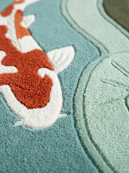 Koi Fish Runner Rug in hand-tufted wool with four carved koi in red, white, black and gold swimming down a teal pond, with lily pads, sage ripple bands and an olive wavy edge - view 4