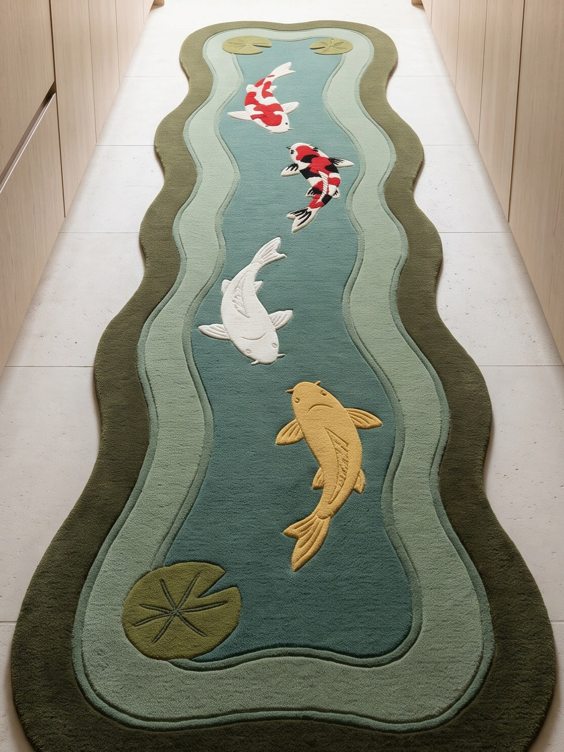 Koi Fish Runner Rug in hand-tufted wool with four carved koi in red, white, black and gold swimming down a teal pond, with lily pads, sage ripple bands and an olive wavy edge - view 5