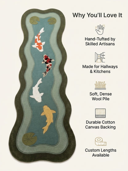 Koi Fish Runner Rug in hand-tufted wool with four carved koi in red, white, black and gold swimming down a teal pond, with lily pads, sage ripple bands and an olive wavy edge - view 6
