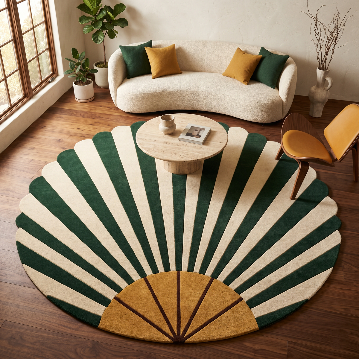 Emerald Art Deco Fan Round Rug in hand-tufted wool with emerald green and ivory sunburst rays, a mustard fan base and a scalloped round edge