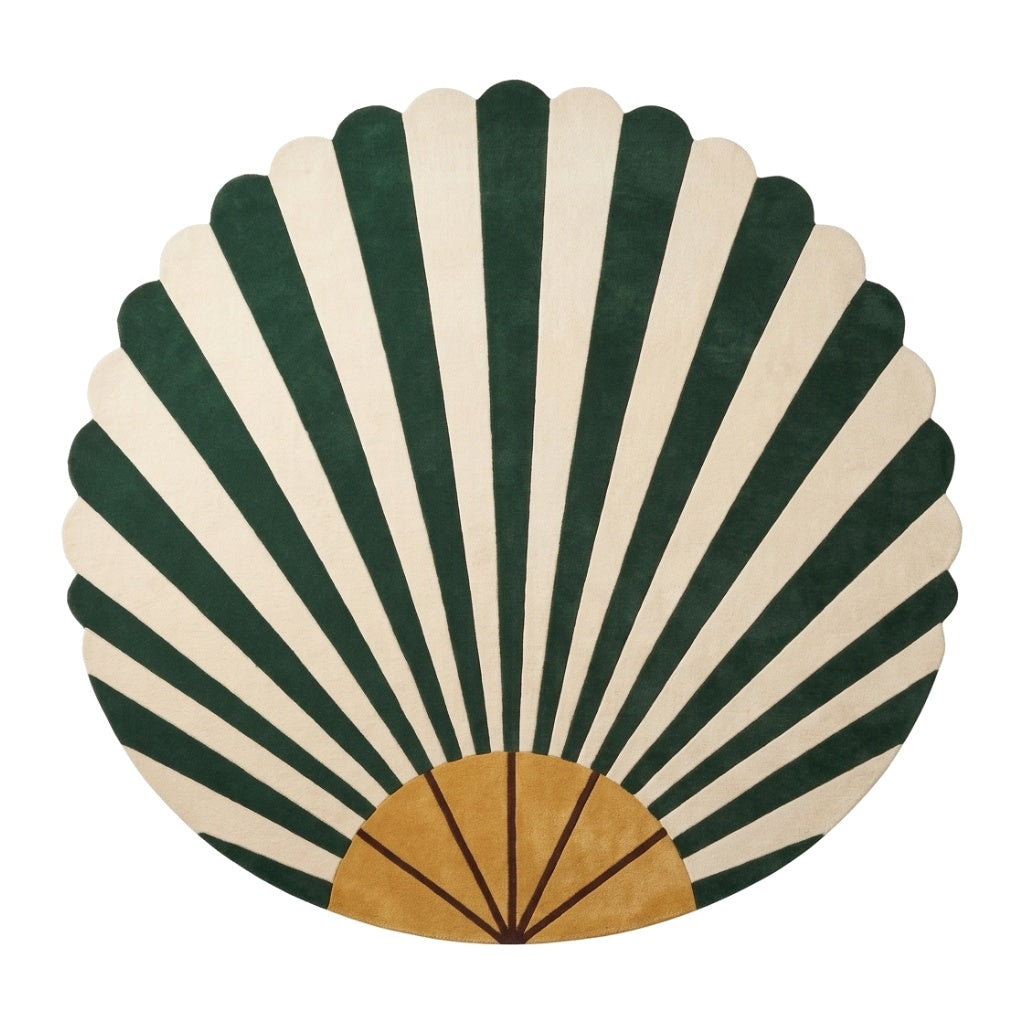 Emerald Art Deco Fan Round Rug in hand-tufted wool with emerald green and ivory sunburst rays, a mustard fan base and a scalloped round edge - view 2