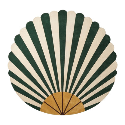 Emerald Art Deco Fan Round Rug in hand-tufted wool with emerald green and ivory sunburst rays, a mustard fan base and a scalloped round edge - view 2
