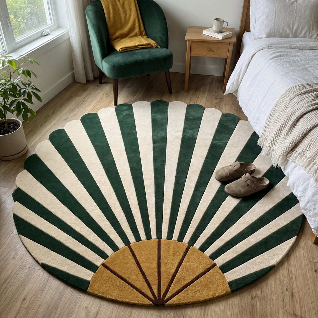 Emerald Art Deco Fan Round Rug in hand-tufted wool with emerald green and ivory sunburst rays, a mustard fan base and a scalloped round edge - view 3