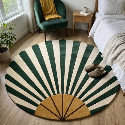 Emerald Art Deco Fan Round Rug in hand-tufted wool with emerald green and ivory sunburst rays, a mustard fan base and a scalloped round edge - view 3