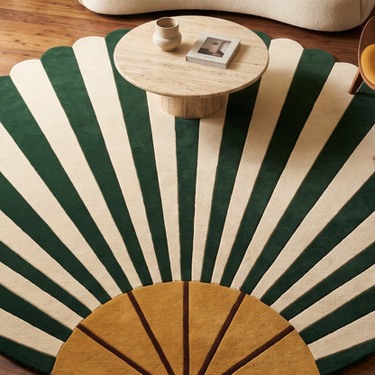 Emerald Art Deco Fan Round Rug in hand-tufted wool with emerald green and ivory sunburst rays, a mustard fan base and a scalloped round edge - view 5