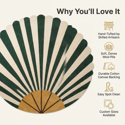 Emerald Art Deco Fan Round Rug in hand-tufted wool with emerald green and ivory sunburst rays, a mustard fan base and a scalloped round edge - view 6