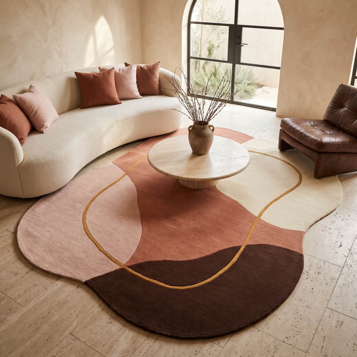 Terracotta Abstract Rug in hand-tufted wool with organic shapes of terracotta, blush, ivory and chocolate brown and a flowing mustard line, in an irregular shape