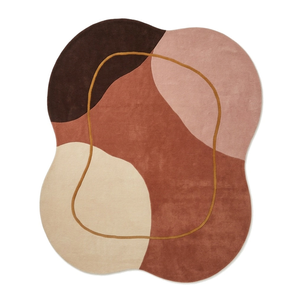 Terracotta Abstract Rug in hand-tufted wool with organic shapes of terracotta, blush, ivory and chocolate brown and a flowing mustard line, in an irregular shape - view 2
