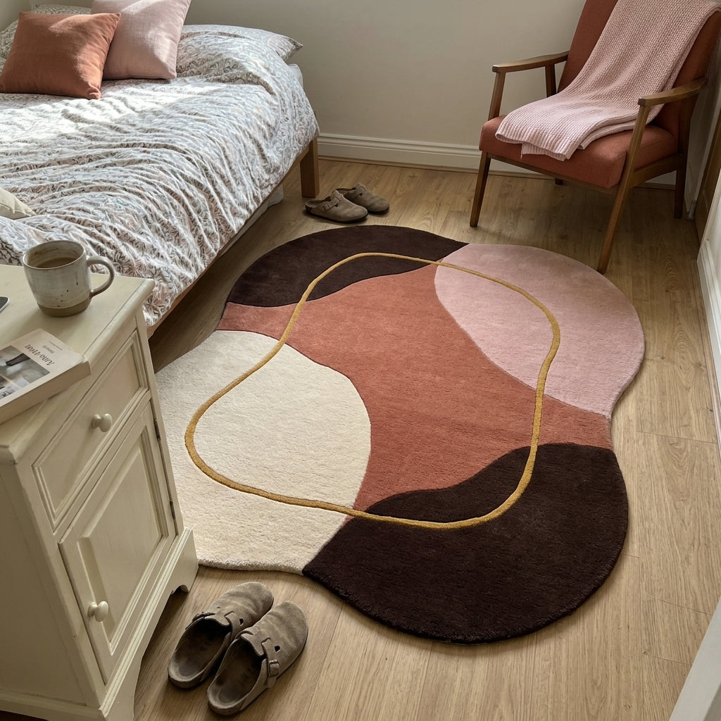 Terracotta Abstract Rug in hand-tufted wool with organic shapes of terracotta, blush, ivory and chocolate brown and a flowing mustard line, in an irregular shape - view 3