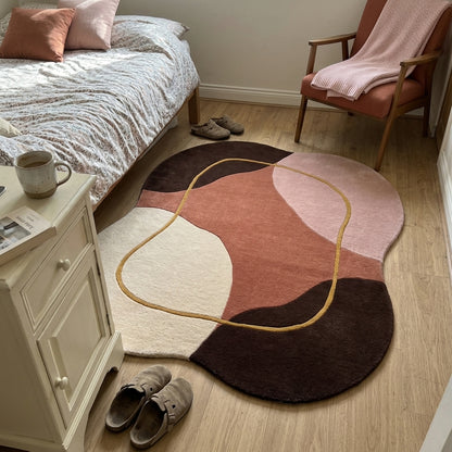 Terracotta Abstract Rug in hand-tufted wool with organic shapes of terracotta, blush, ivory and chocolate brown and a flowing mustard line, in an irregular shape - view 3