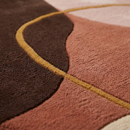 Terracotta Abstract Rug in hand-tufted wool with organic shapes of terracotta, blush, ivory and chocolate brown and a flowing mustard line, in an irregular shape - view 4