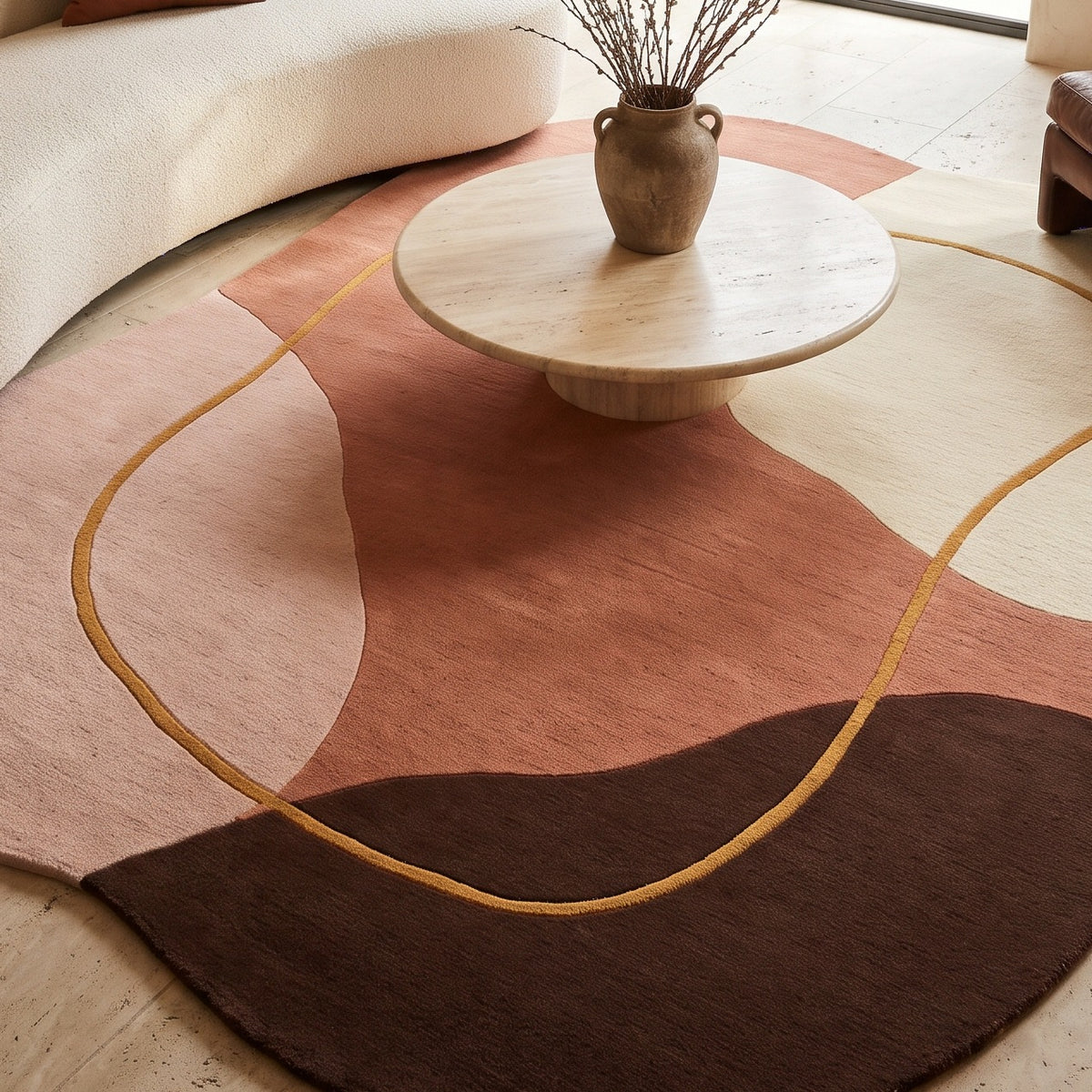 Terracotta Abstract Rug in hand-tufted wool with organic shapes of terracotta, blush, ivory and chocolate brown and a flowing mustard line, in an irregular shape - view 5