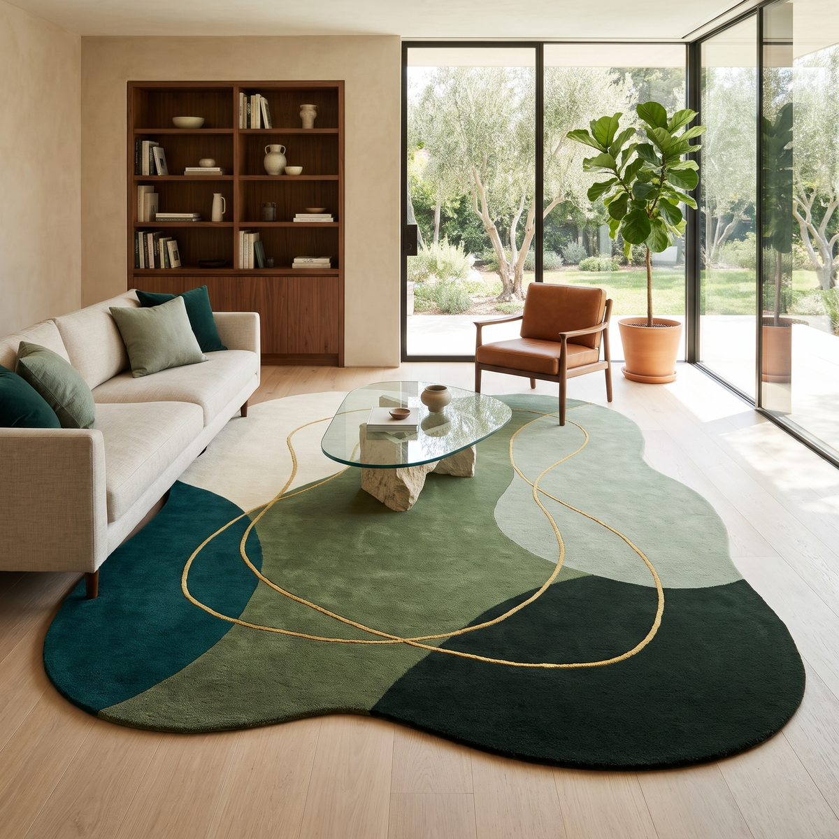 Green Abstract Rug in hand-tufted wool with organic blocks of teal, moss green, forest green, sage and ivory and flowing gold lines, in an irregular shape