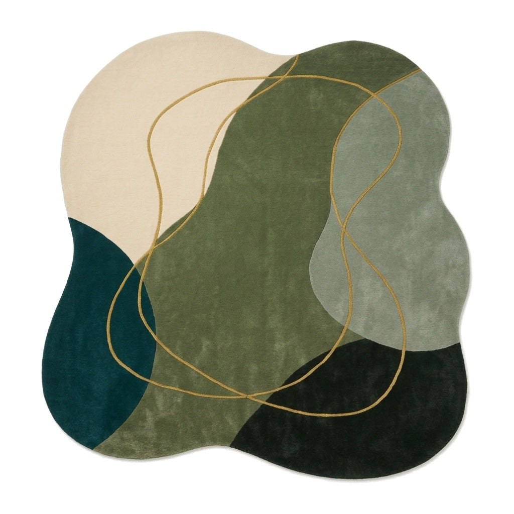 Green Abstract Rug in hand-tufted wool with organic blocks of teal, moss green, forest green, sage and ivory and flowing gold lines, in an irregular shape - view 2