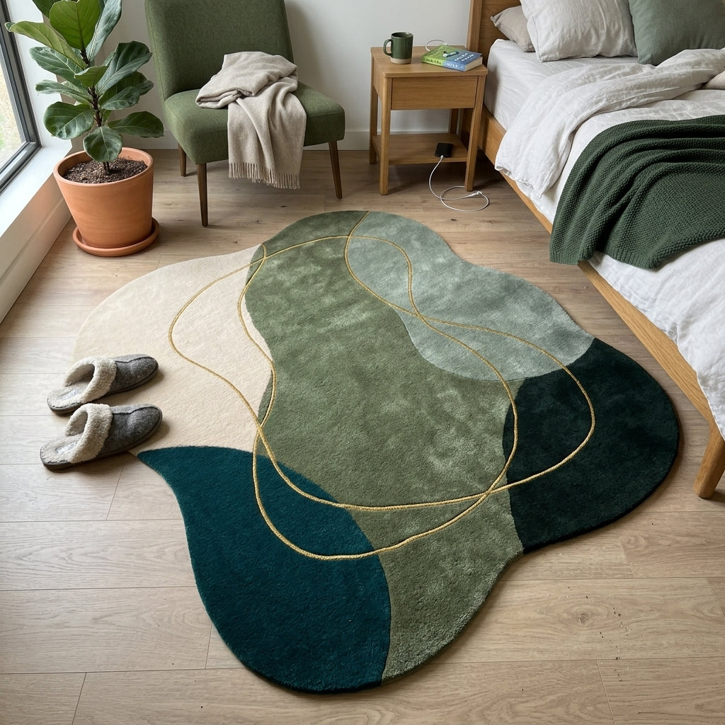 Green Abstract Rug in hand-tufted wool with organic blocks of teal, moss green, forest green, sage and ivory and flowing gold lines, in an irregular shape - view 3