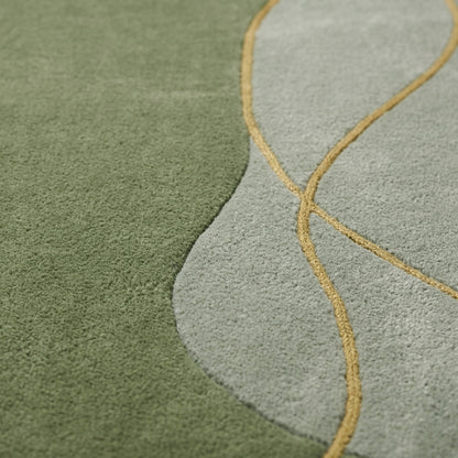 Green Abstract Rug in hand-tufted wool with organic blocks of teal, moss green, forest green, sage and ivory and flowing gold lines, in an irregular shape - view 4