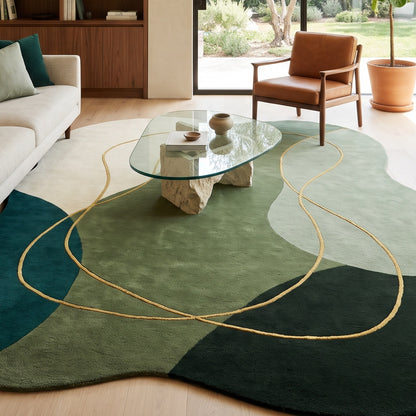 Green Abstract Rug in hand-tufted wool with organic blocks of teal, moss green, forest green, sage and ivory and flowing gold lines, in an irregular shape - view 5