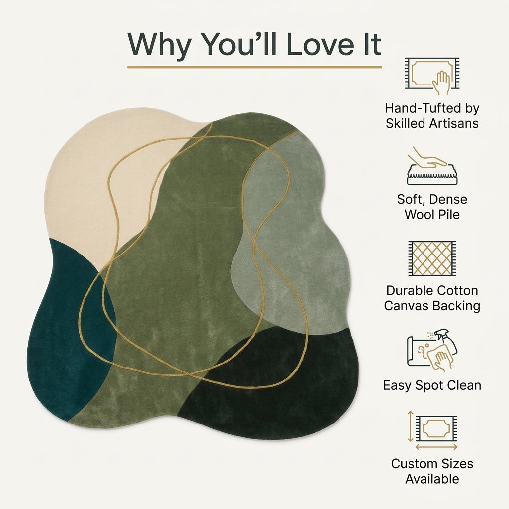 Green Abstract Rug in hand-tufted wool with organic blocks of teal, moss green, forest green, sage and ivory and flowing gold lines, in an irregular shape - view 6