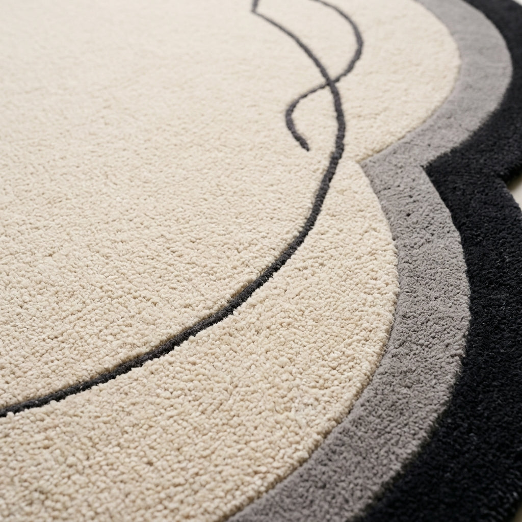 Ivory Cloud Rug in hand-tufted wool with a scalloped flower shape, ivory field, charcoal and grey border and a flowing carved charcoal line - view 4