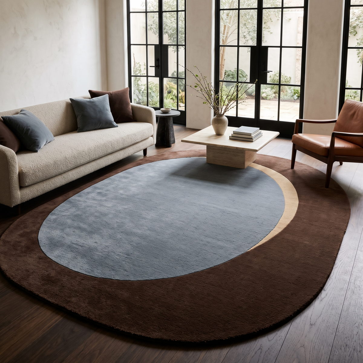 Slate Blue Oval Rug in hand-tufted wool with a slate blue oval centre, a sand crescent and a wide chocolate brown oval border