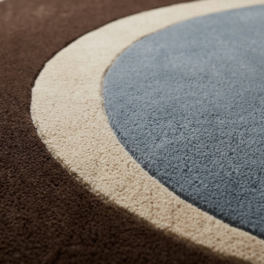 Slate Blue Oval Rug in hand-tufted wool with a slate blue oval centre, a sand crescent and a wide chocolate brown oval border - view 4
