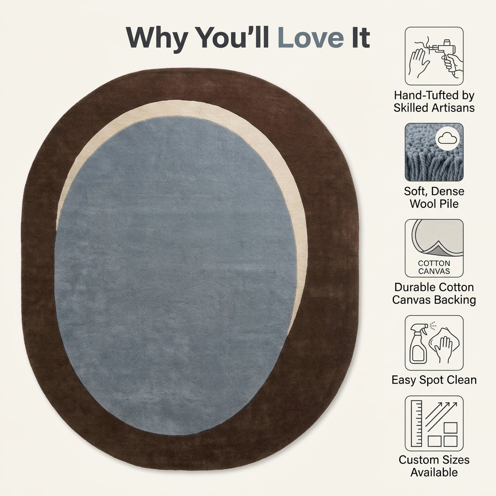 Slate Blue Oval Rug in hand-tufted wool with a slate blue oval centre, a sand crescent and a wide chocolate brown oval border - view 6