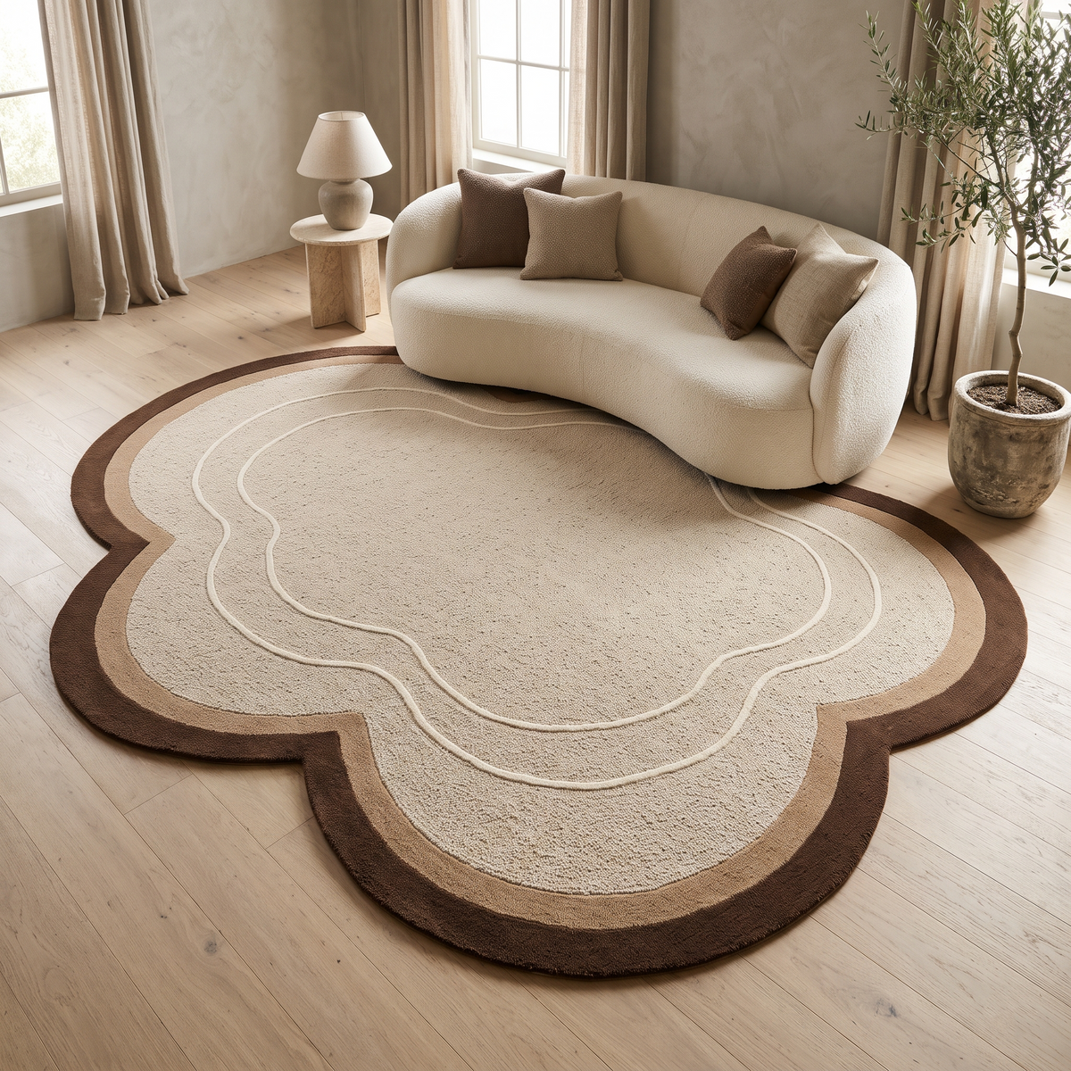 Beige Cloud Rug in hand-tufted wool with a scalloped flower shape, textured beige field, brown and taupe border and two raised ivory contour lines