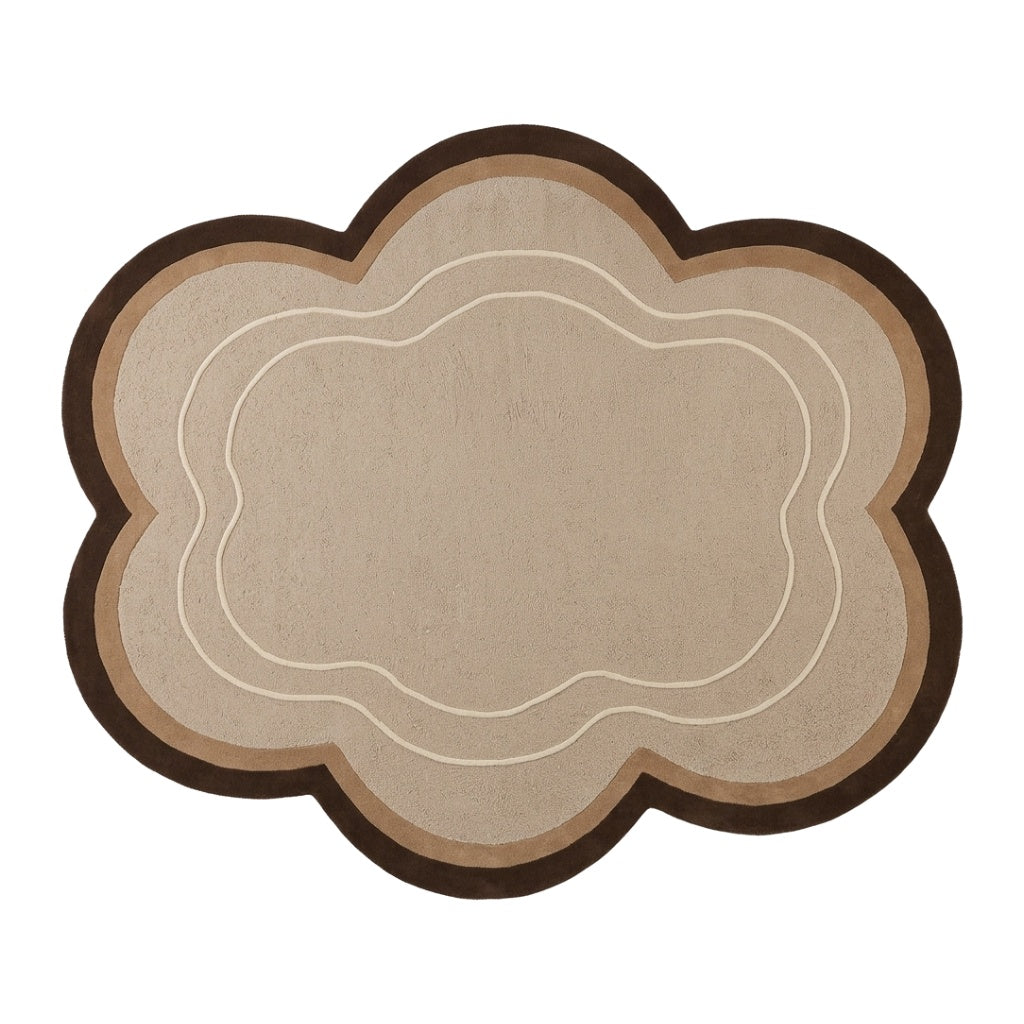 Beige Cloud Rug in hand-tufted wool with a scalloped flower shape, textured beige field, brown and taupe border and two raised ivory contour lines - view 2