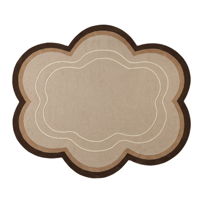 Beige Cloud Rug in hand-tufted wool with a scalloped flower shape, textured beige field, brown and taupe border and two raised ivory contour lines - view 2