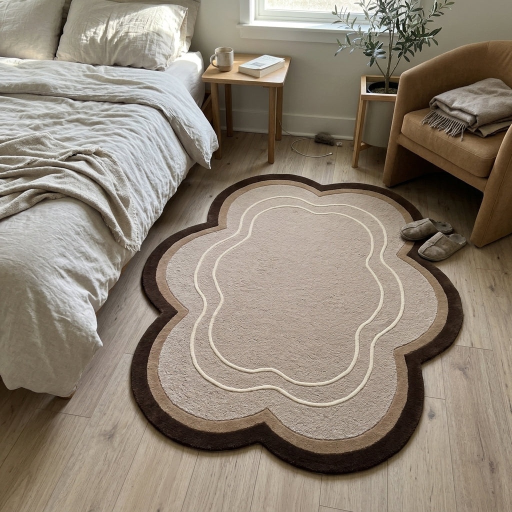 Beige Cloud Rug in hand-tufted wool with a scalloped flower shape, textured beige field, brown and taupe border and two raised ivory contour lines - view 3