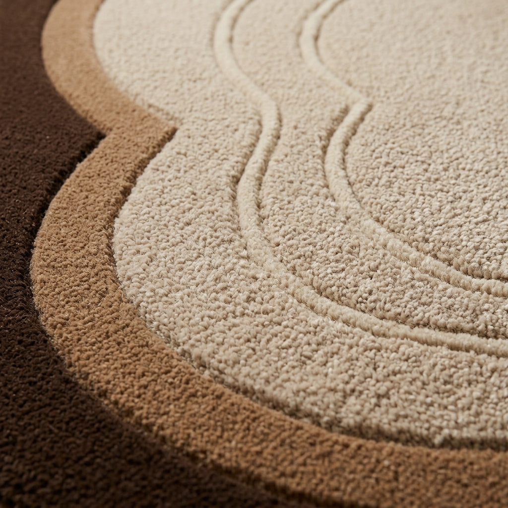 Beige Cloud Rug in hand-tufted wool with a scalloped flower shape, textured beige field, brown and taupe border and two raised ivory contour lines - view 4