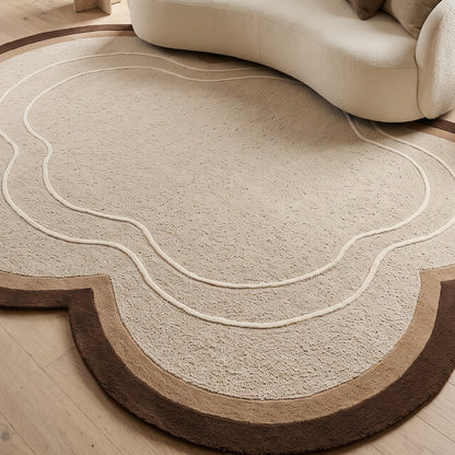 Beige Cloud Rug in hand-tufted wool with a scalloped flower shape, textured beige field, brown and taupe border and two raised ivory contour lines - view 5
