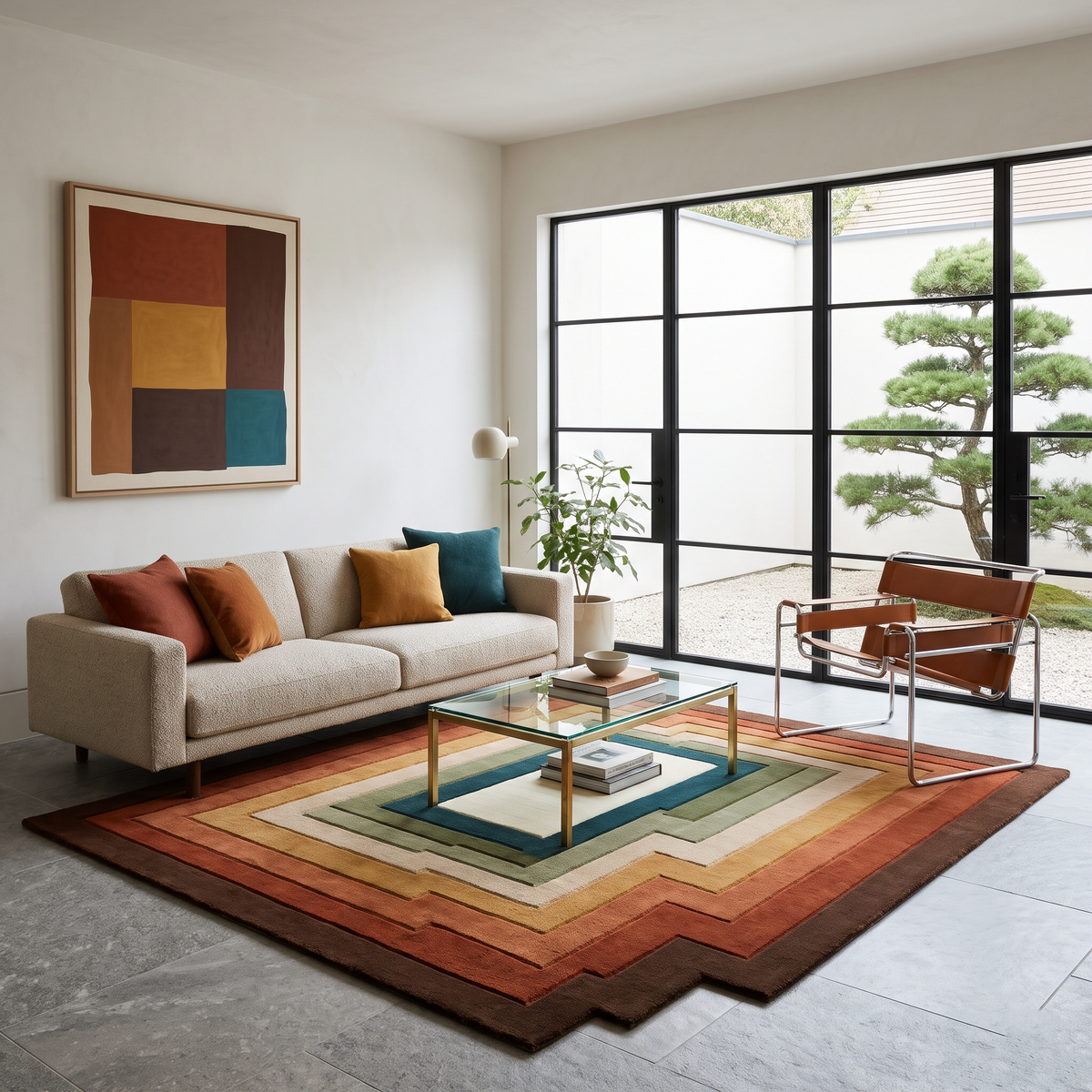 Retro Stepped Rug in hand-tufted wool with concentric stepped bands of brown, rust, terracotta, mustard, ivory, sage and teal around an ivory centre, with a stepped edge